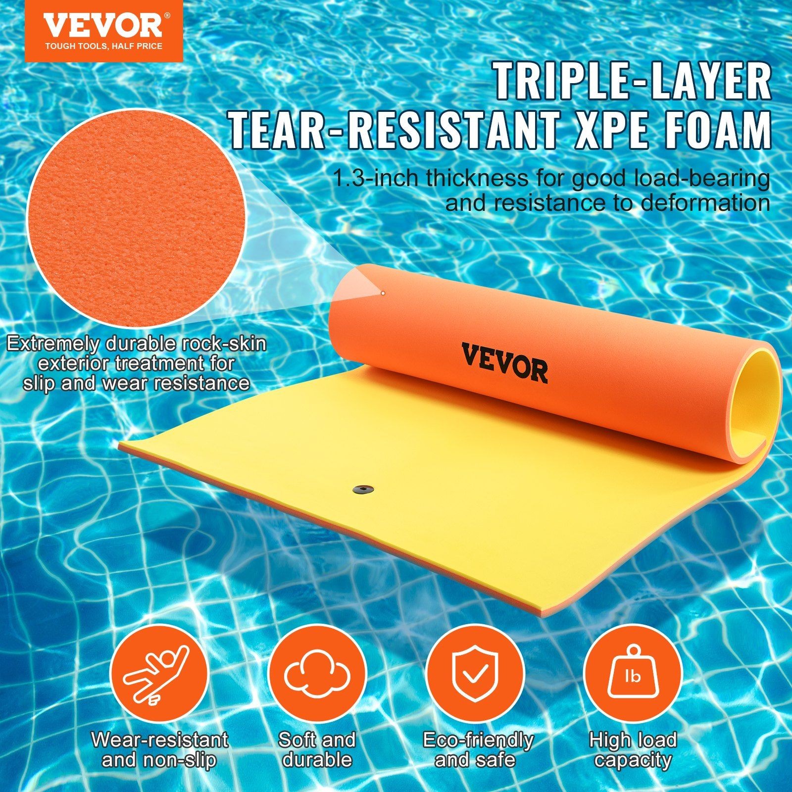 9x6ft Floating Water Mat 3-Layer 1.3in XPE Foam Rock-Skin Abrasion-Resistant