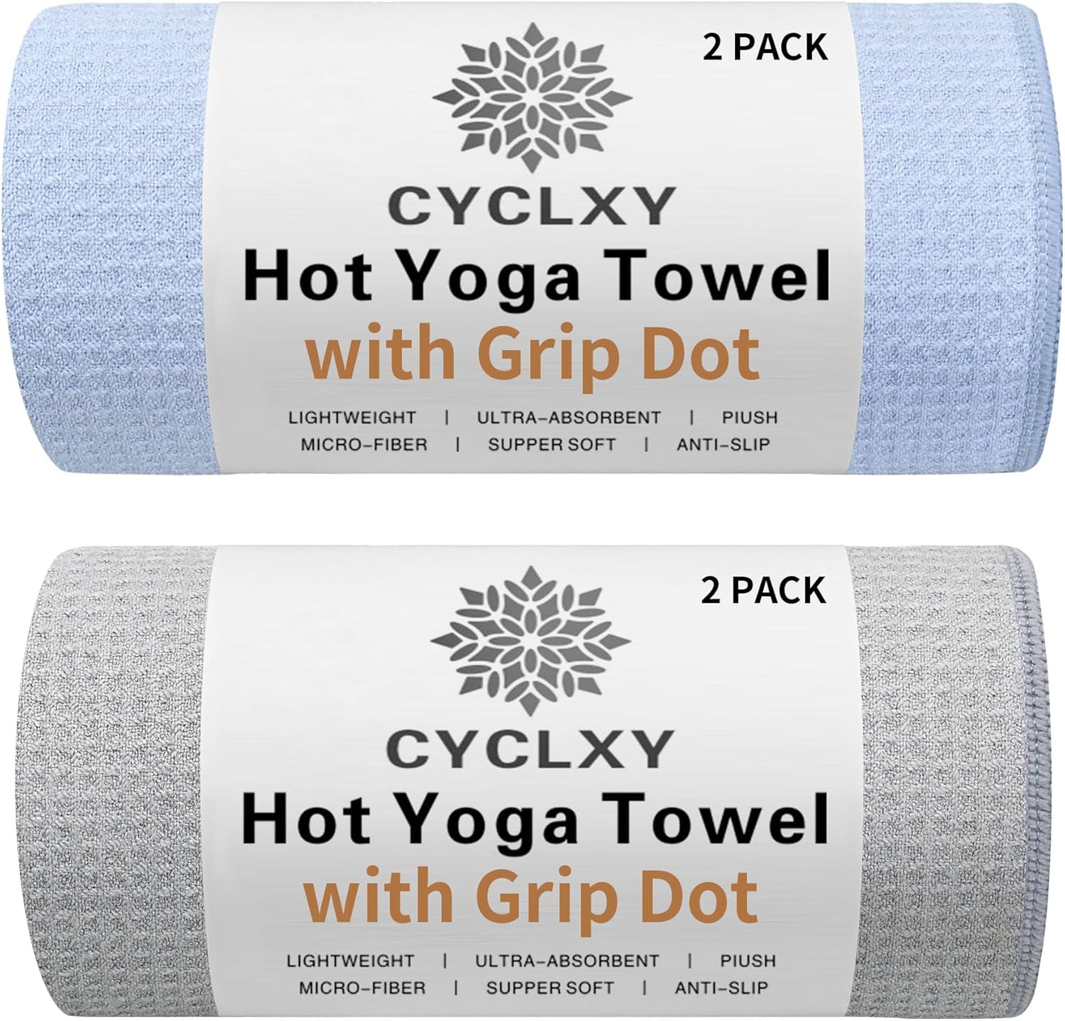 2 Pack Hot Yoga Towel with Grip Dot，Stickyfiber Yoga Mat Towels Non Slip for Hot