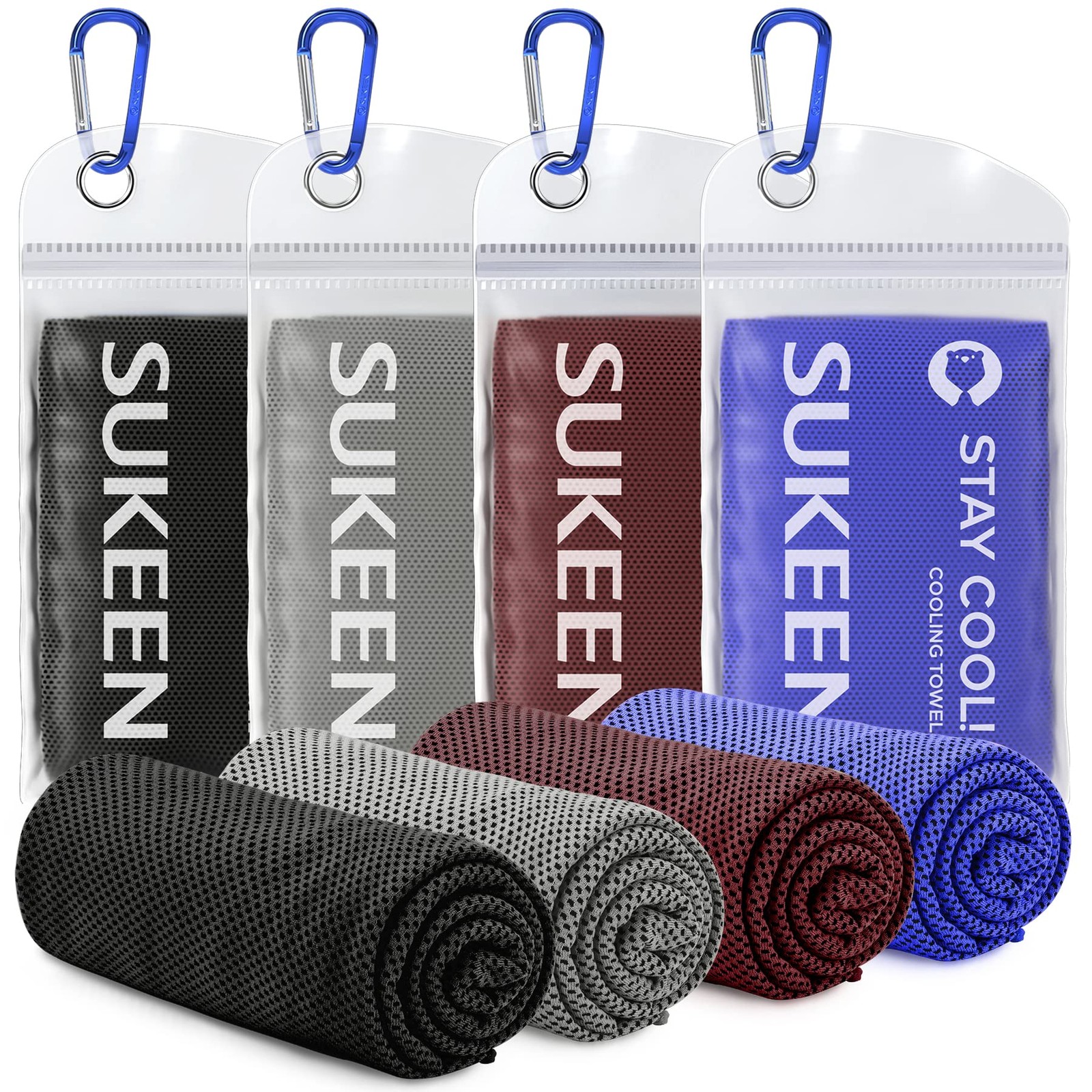 Sukeen 4 Pack Cooling Towels 40&Prime; x 12&Prime;, Dark Blue/ Grey/Brown/Black