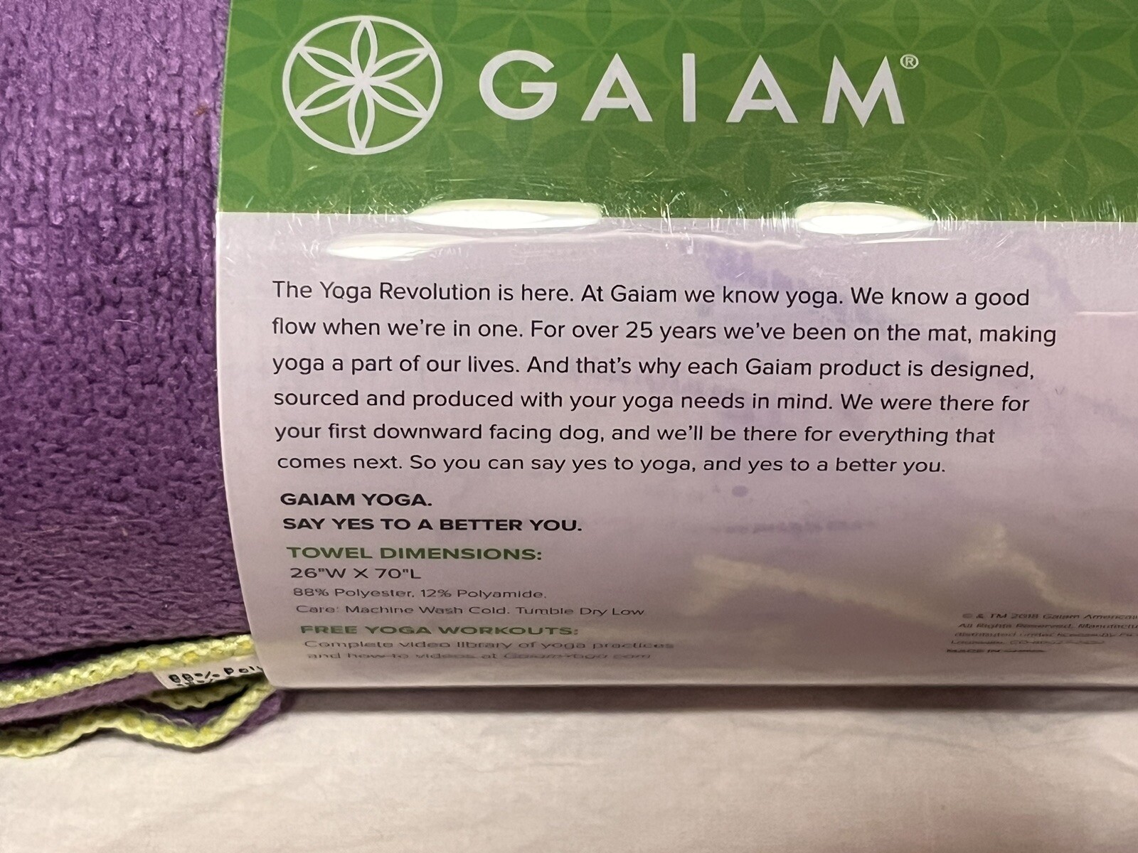 Gaiam Yoga Mat Towel Purple Full Size Microfiber Stay Dry Absorbent 26”x70” NEW