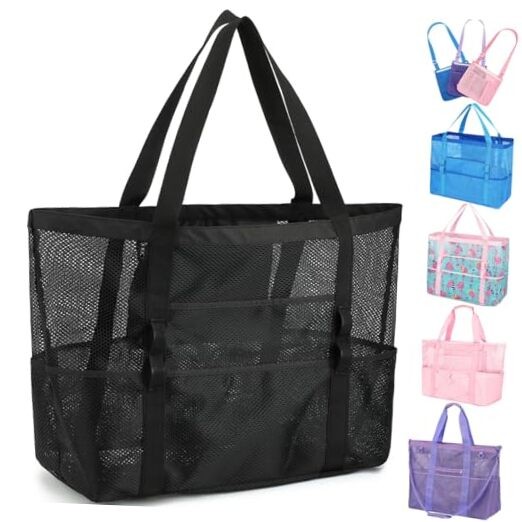 Mesh Beach Bag, Large Beach Tote with Zipper Pocket, Toys Pool Large – Black