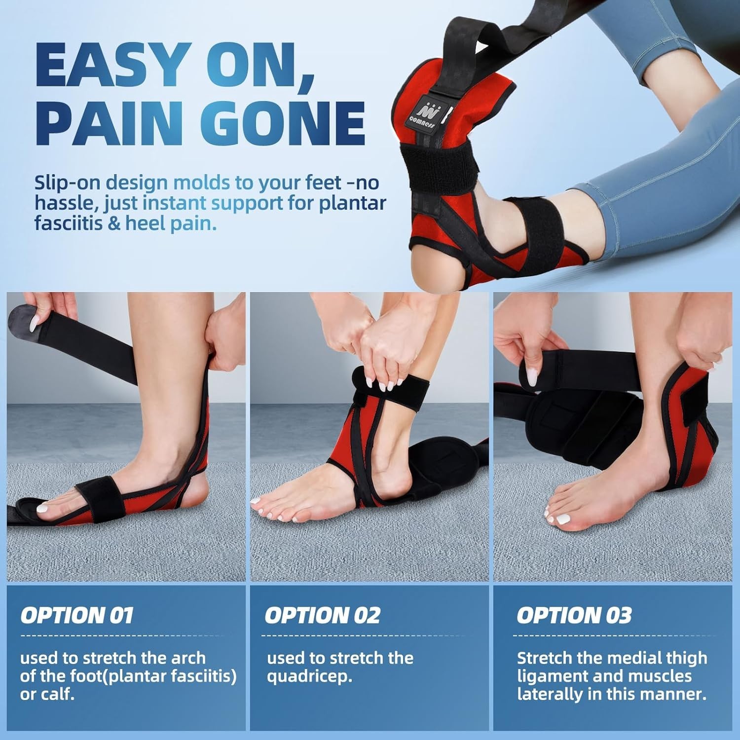 Red Foot & Calf Stretcher Strap for Plantar Fasciitis, Heel Spurs, Adults