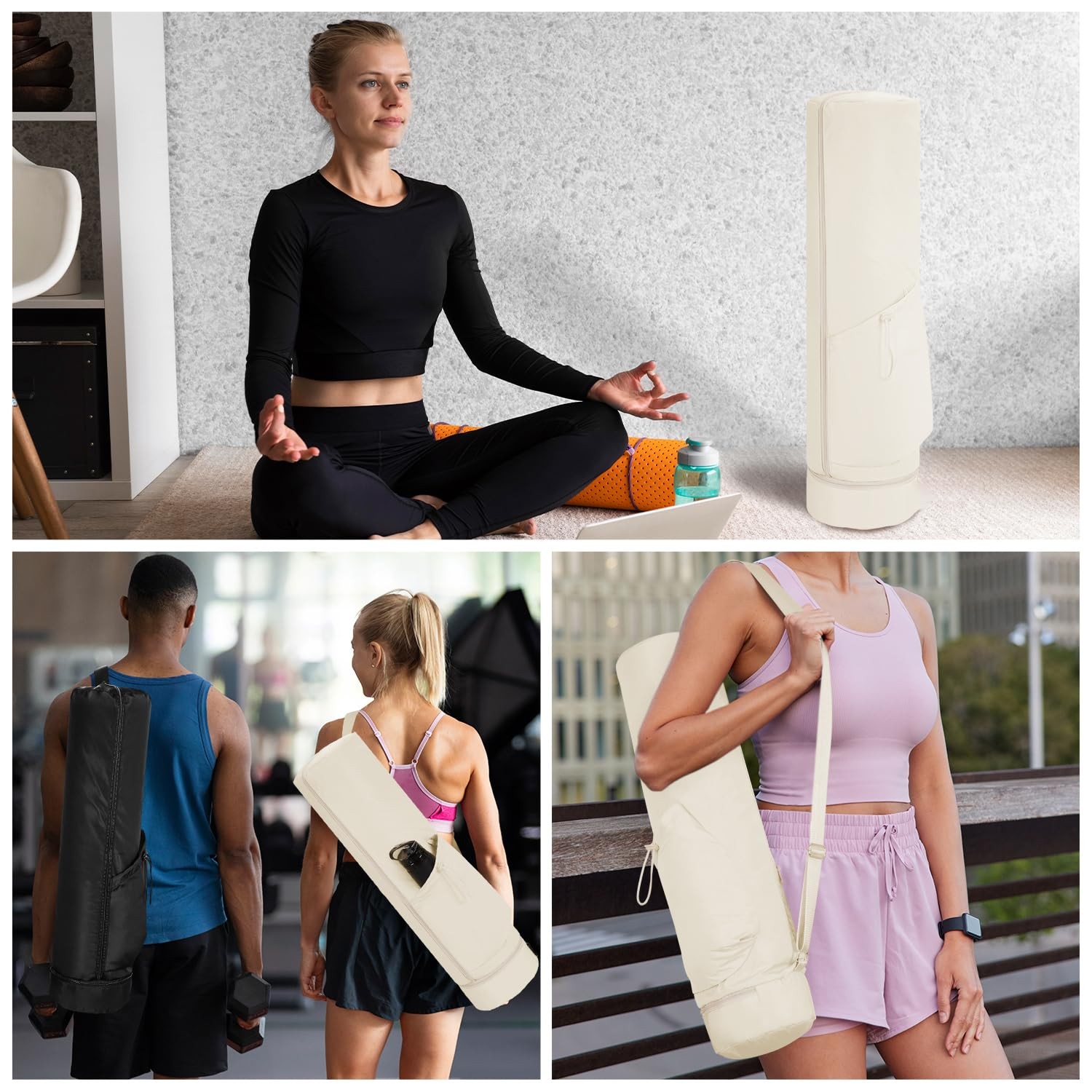 Yoga Mat Bag Full Zip Cargo Carrier Drawstring Water Bottle Wet Pocket Tote