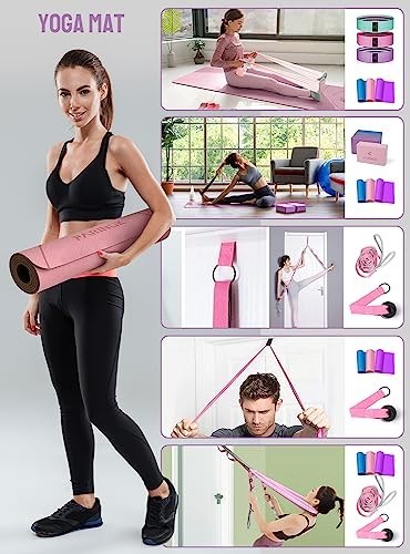 Yoga Mat Set Thick 0.35 Inch High Density Non Slip Mat Strap Blocks Resistance