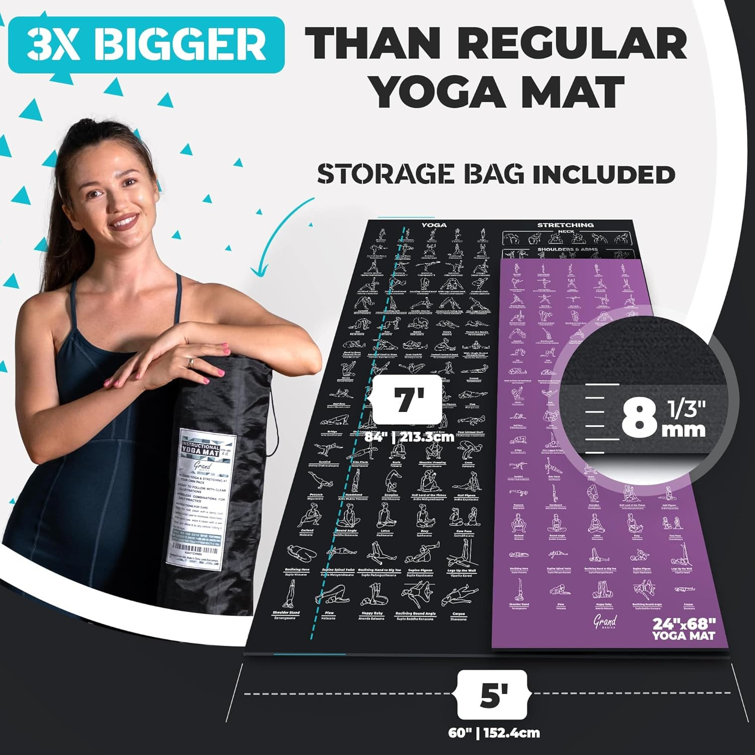 Extra-Large Instructional Yoga Mat with Poses Printed on It – 3X Bigger & 2X Wid