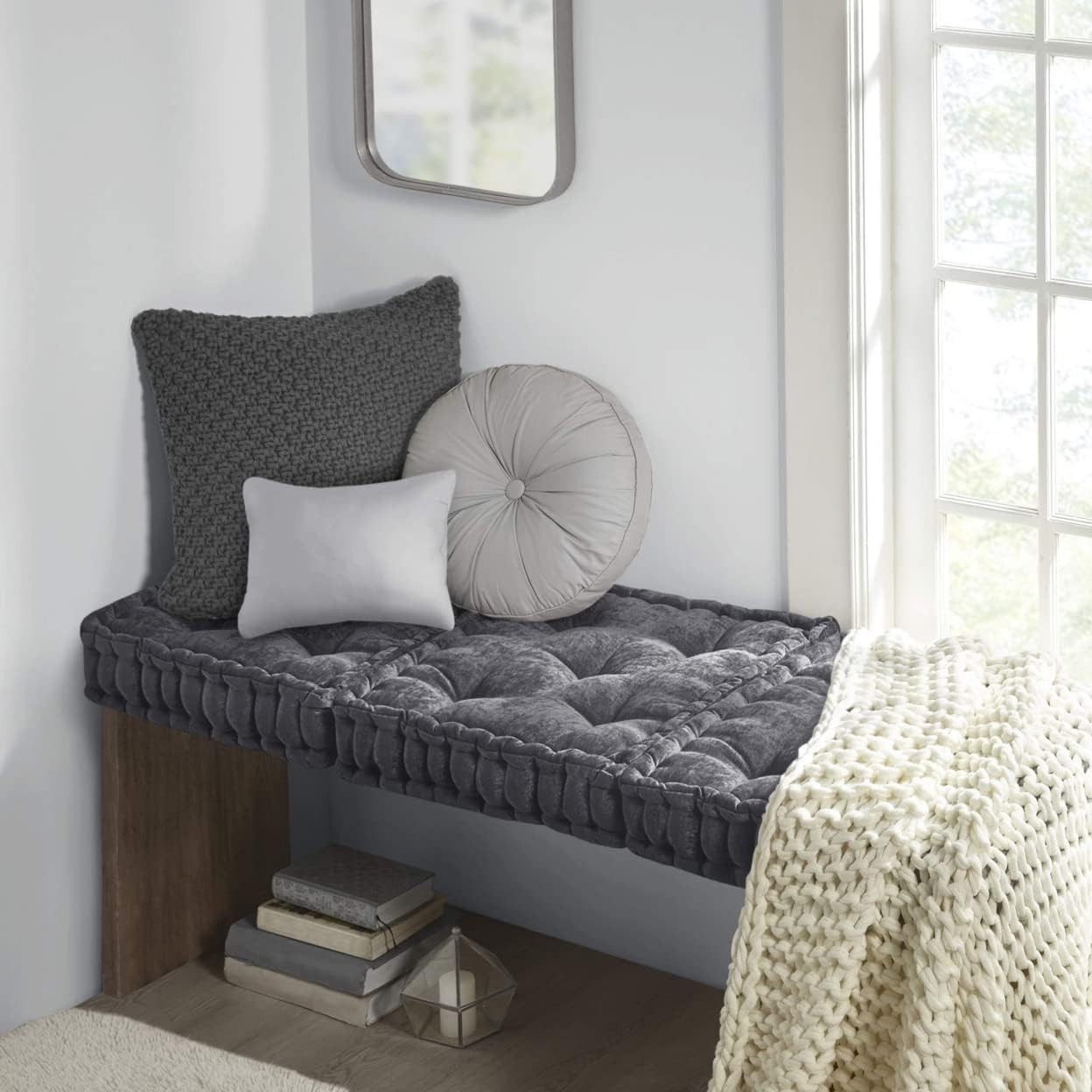 Chenille Tufted Sitting Cushion – Scalloped Edges, Charcoal