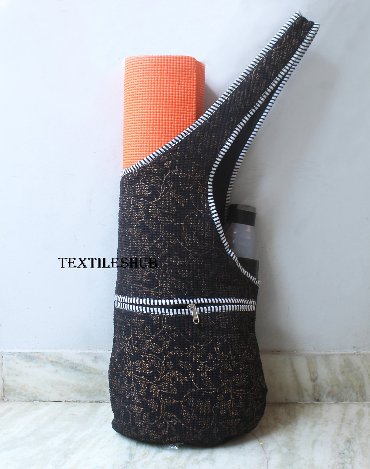 Handmade Cotton Yoga Mat Bag Quilted Floral Print Sling Shoulder Carrier