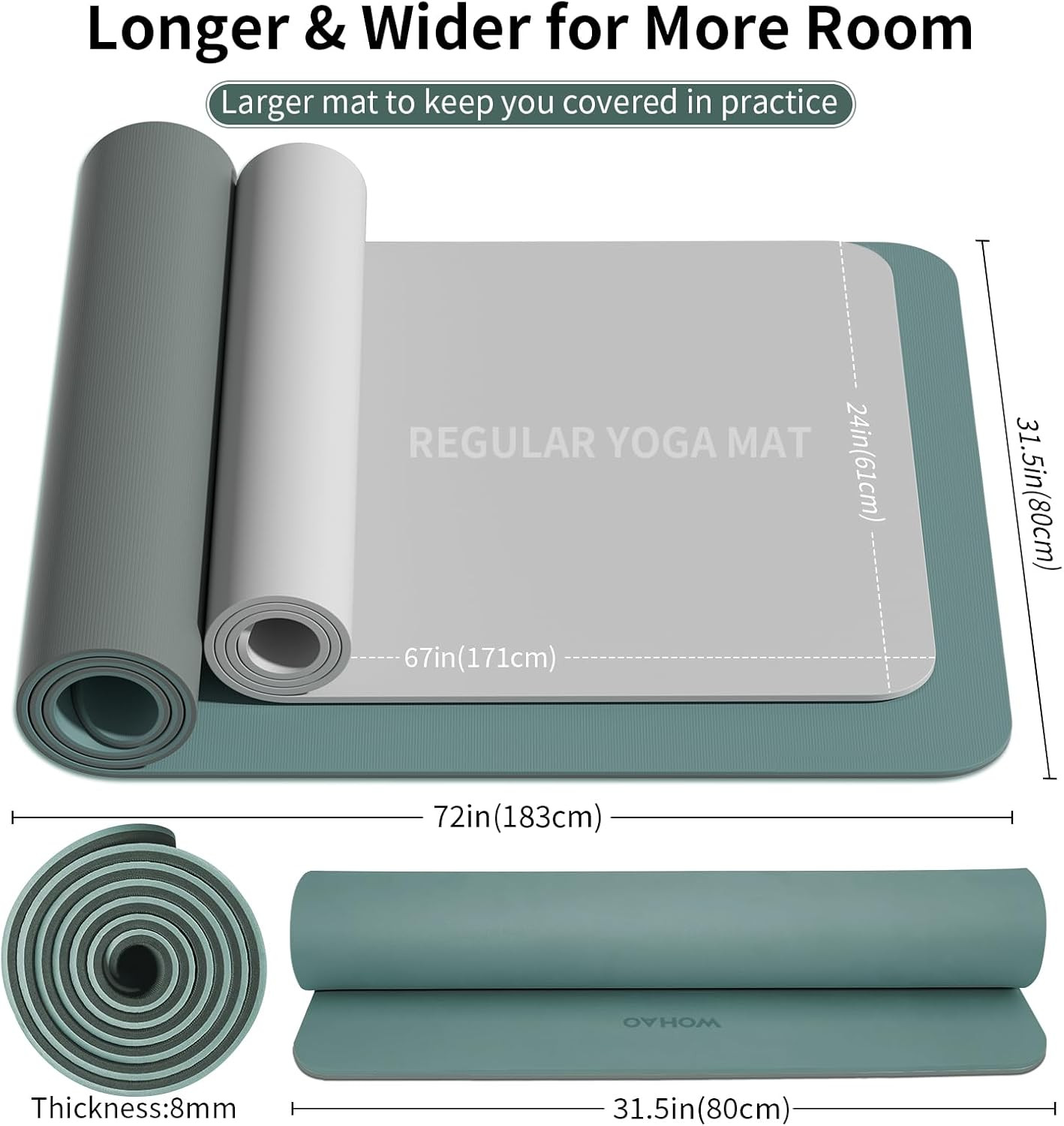 Extra Thick 8Mm Yoga Mat, 72&Prime;X28&Prime; Non Slip Exercise Mat, Reversible 2-Sided Dual