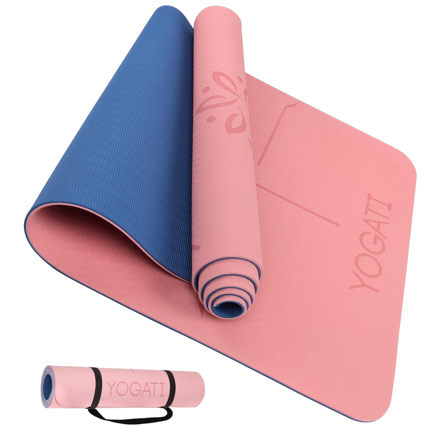 YOGATI Yoga Mat with Alignment Lines. Exercise mat carry strap. Pink