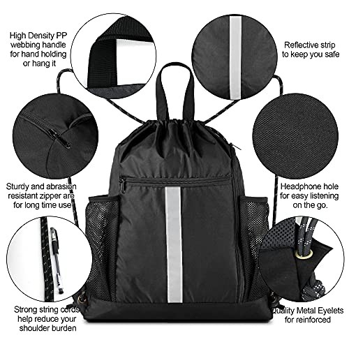 Drawstring Backpack Bag Sports Gym Black Drawstring With Shoe Compartment