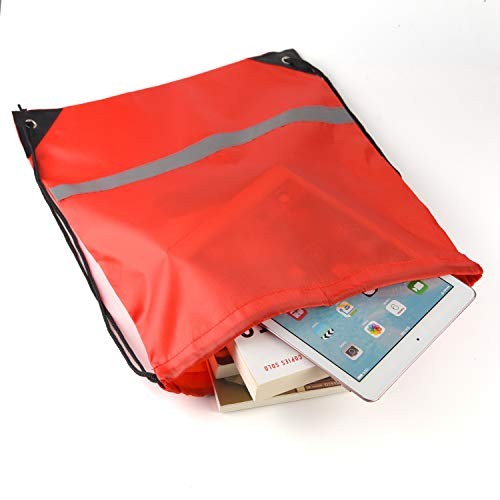 Pcs Drawstring Backpacks with Reflective Strips – Polyester, 15.7&Prime; x 12 Red