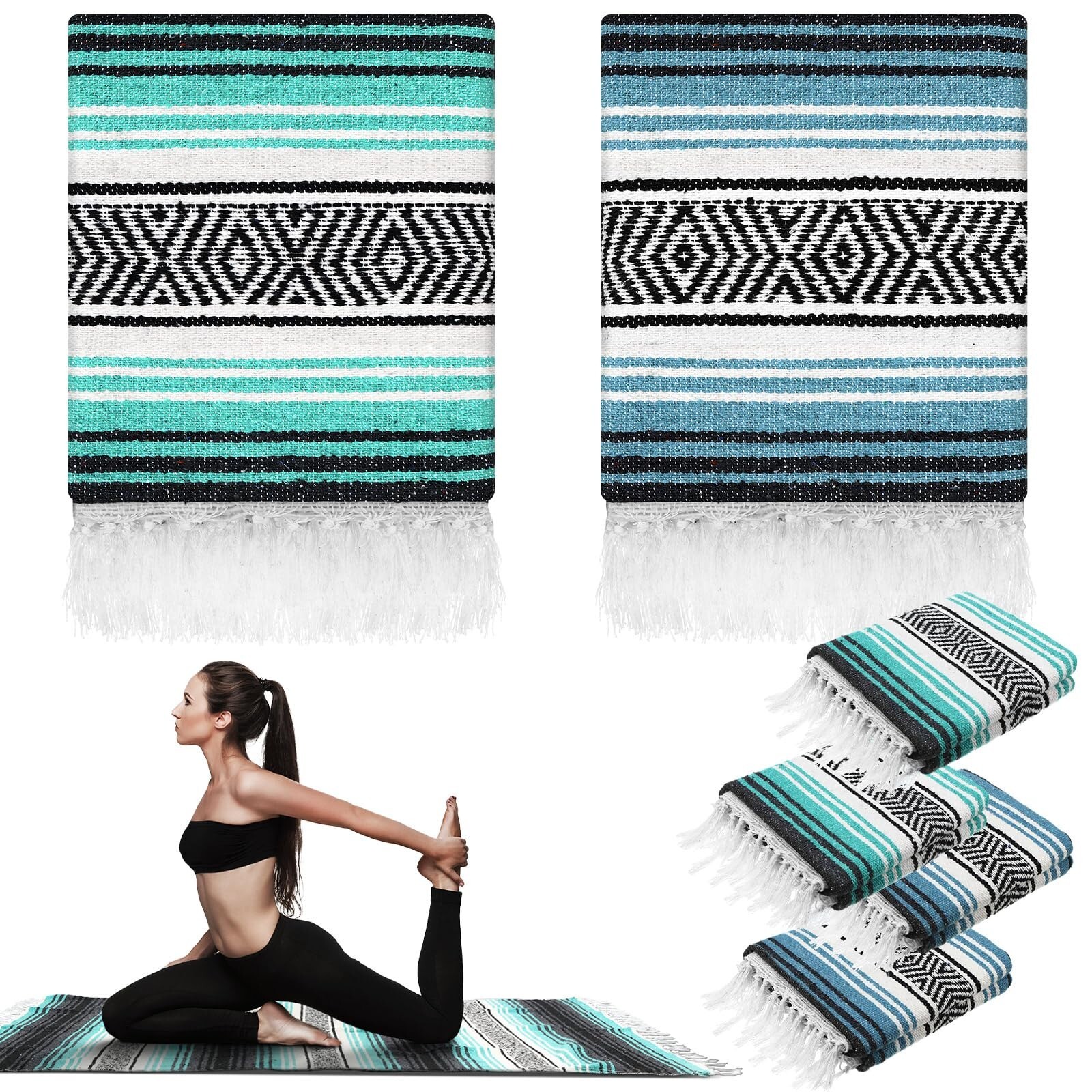 4 Pcs Large Mexican Yoga Blanket Pack 45 x 70 Inch Thick Woven Camping Blanke…
