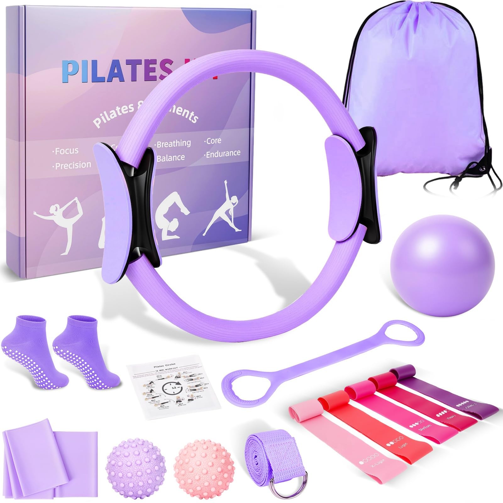 BYYNNE Home Pilates Kit for Women – 14 Pcs Equipment Set with Purple