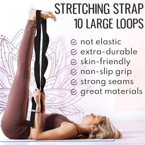 Stretching Strap for Yoga & Physical Therapy – 10 Loops 1&Prime; W – 10 Loops Black