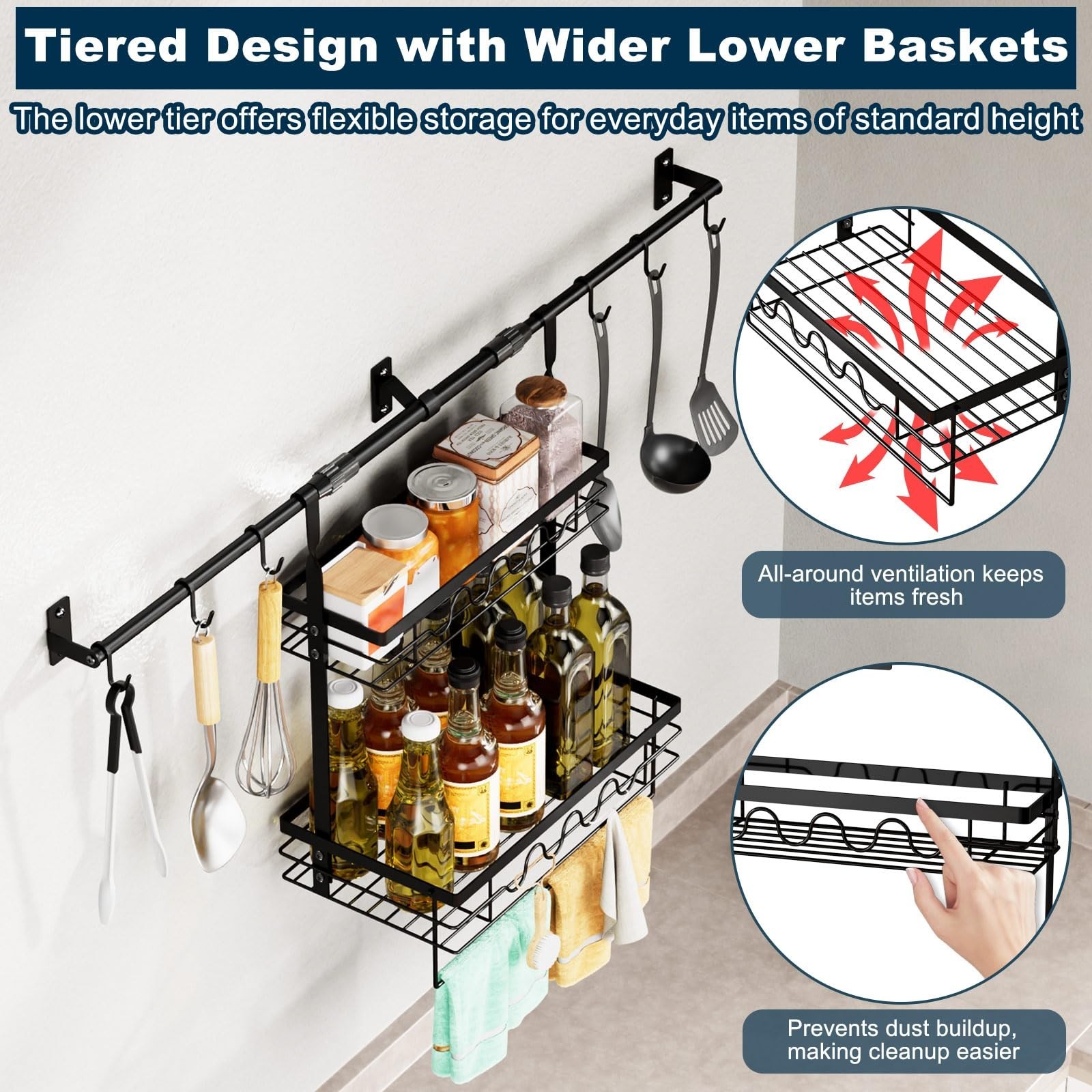 Spice Rack Wall Mount Retractable Bracket with Towel Bar Hooks | Reinforced W…