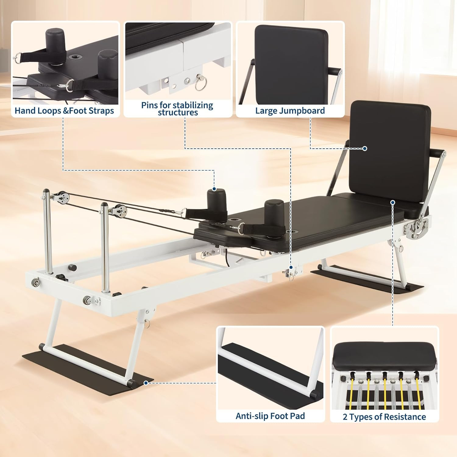 Foldable Pilates Reformer with Jump Board & Adjustable Resistance for Home Gym