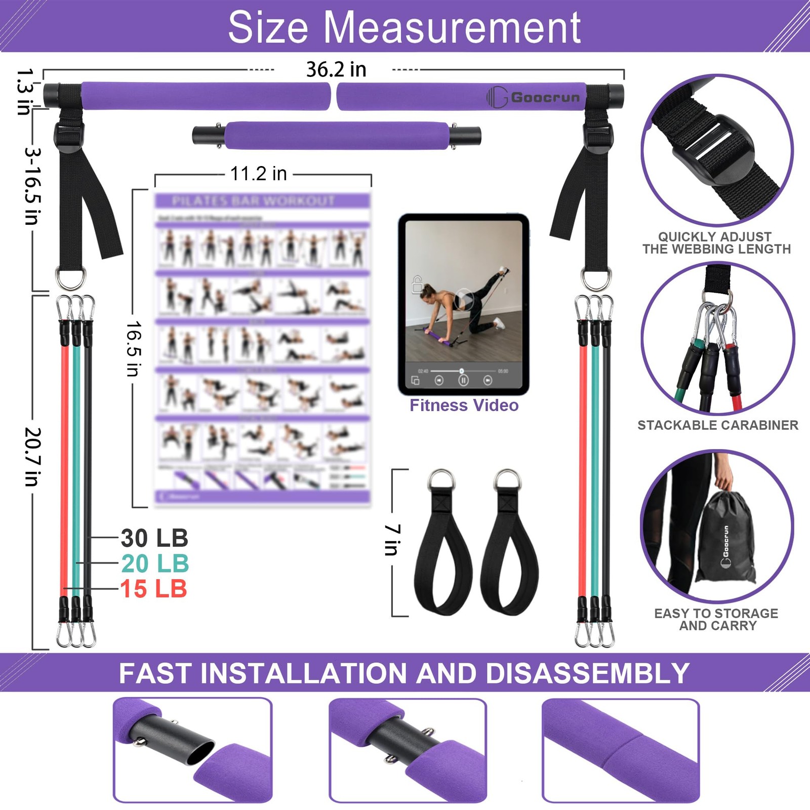 Goocrun Portable Pilates Bar Kit with Basic-Level, 15.20.30 LBS – Purple