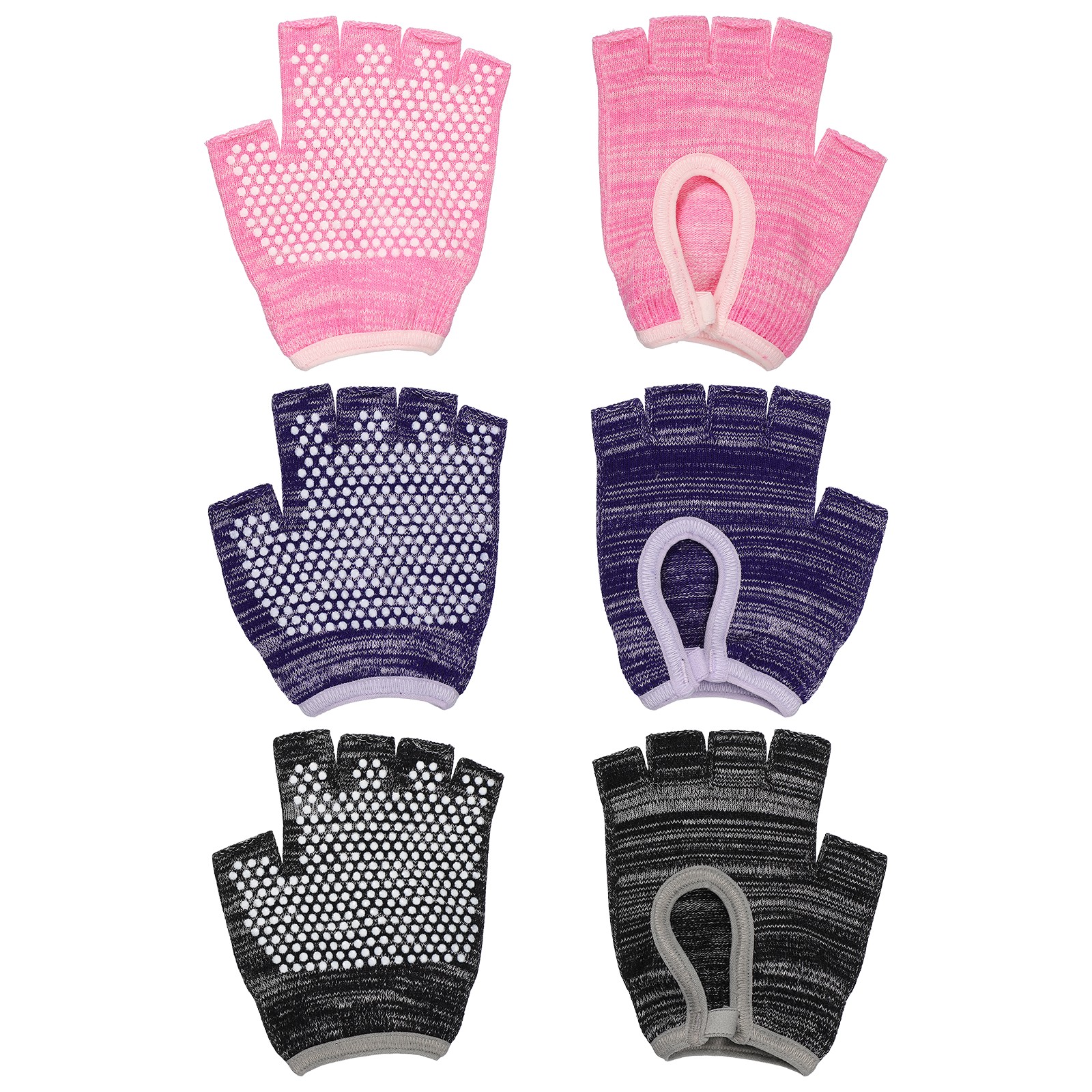 3 Pair Yoga Gloves Non Slip Fingerless Pilates Gloves Black Grey/Purple/Pink