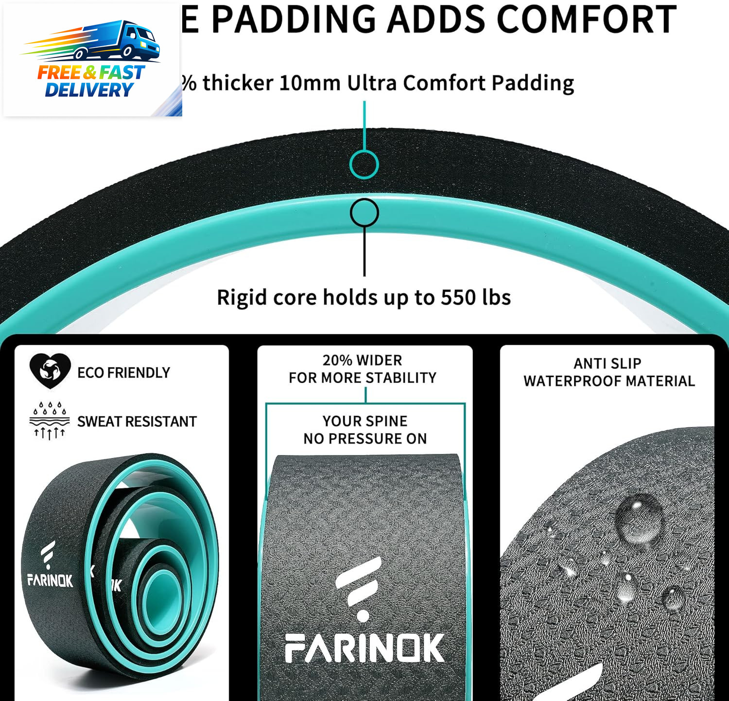 Yoga Wheel Set of 3+1, Upgraded 10MM Thick Back Wheels for Pain Relief & Stretch