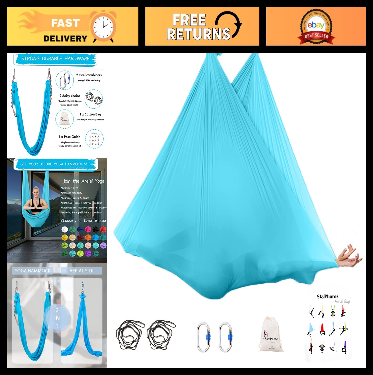 Aerial Silks Yoga Swing Set – 5.5 Yards Anti-Gravity Hammock Kit for Fitness & D