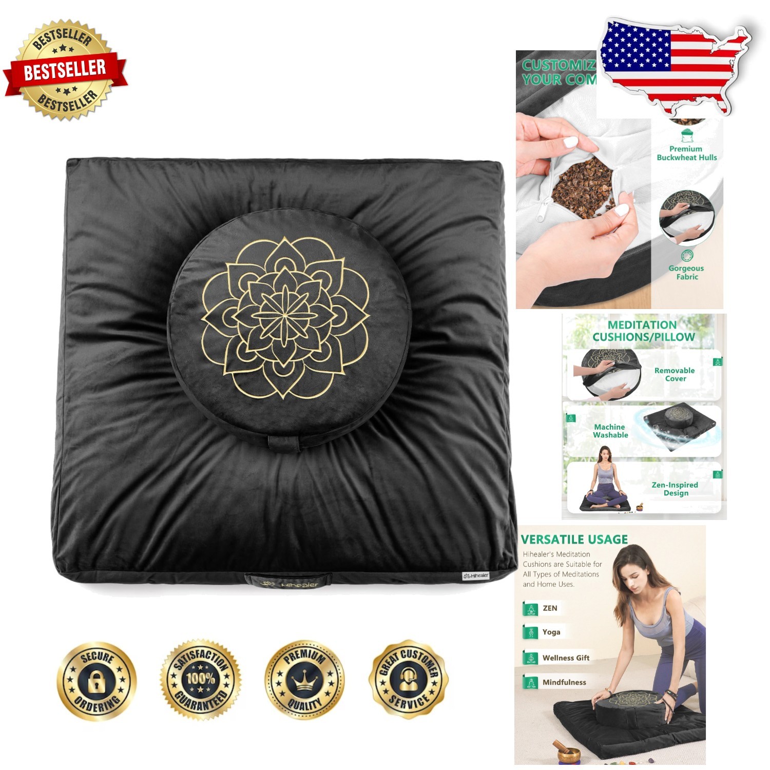 Velvet Meditation Pillow – Large Round Zafu, Buckwheat Filled, Ergonomic