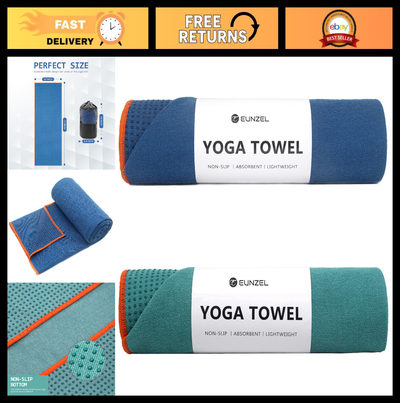 2 Pack Non-Slip Hot Yoga Towels with Grip Dots, Sweat Absorbent, 72&Prime;x24