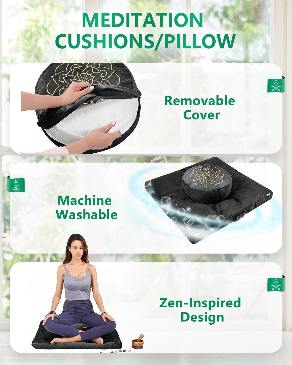 Velvet Meditation Pillow – Large Round Zafu, Buckwheat Filled, Ergonomic