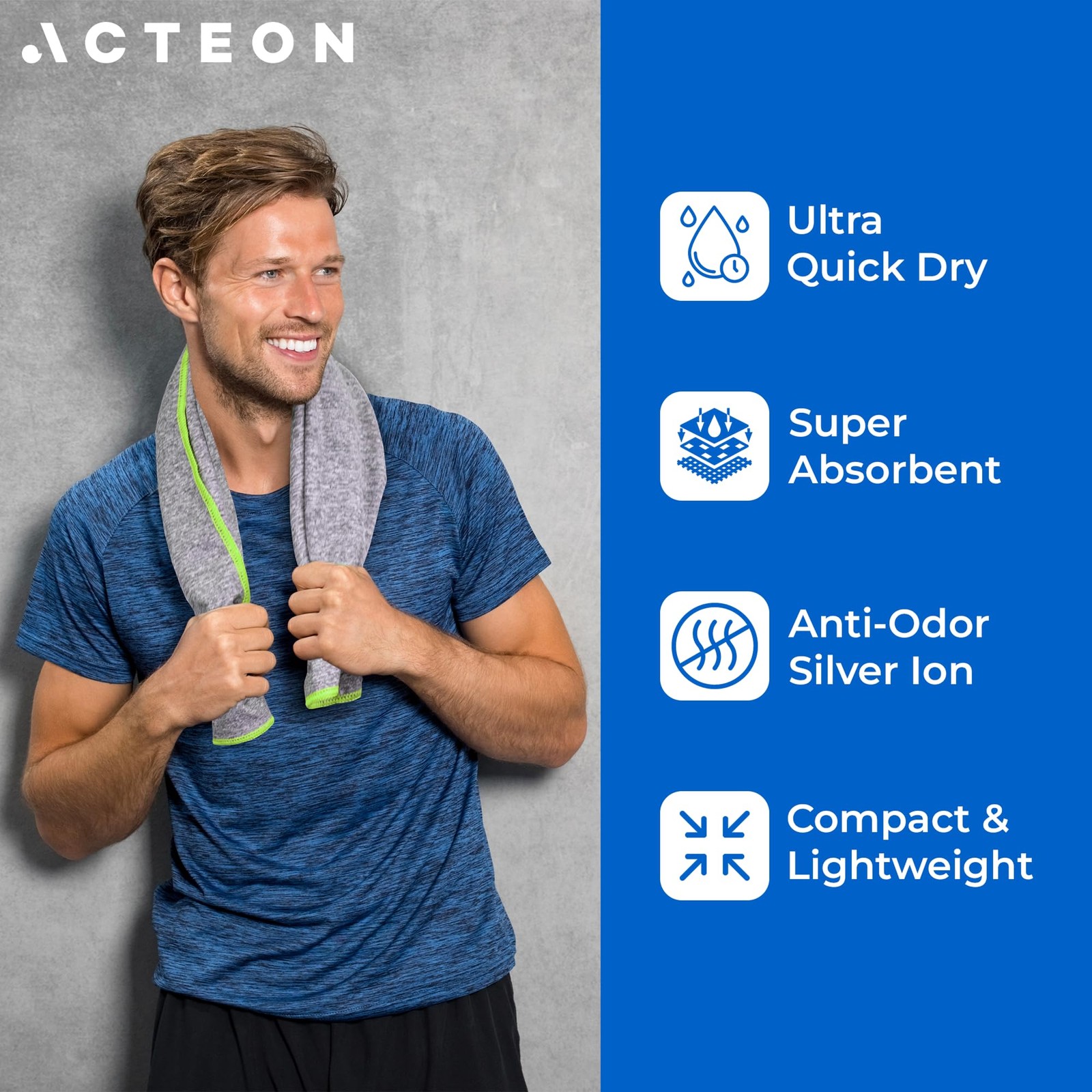 Acteon Microfiber Gym Towels 5 Pack Quick Dry Silver Ion Odor-Free Sweat Towel