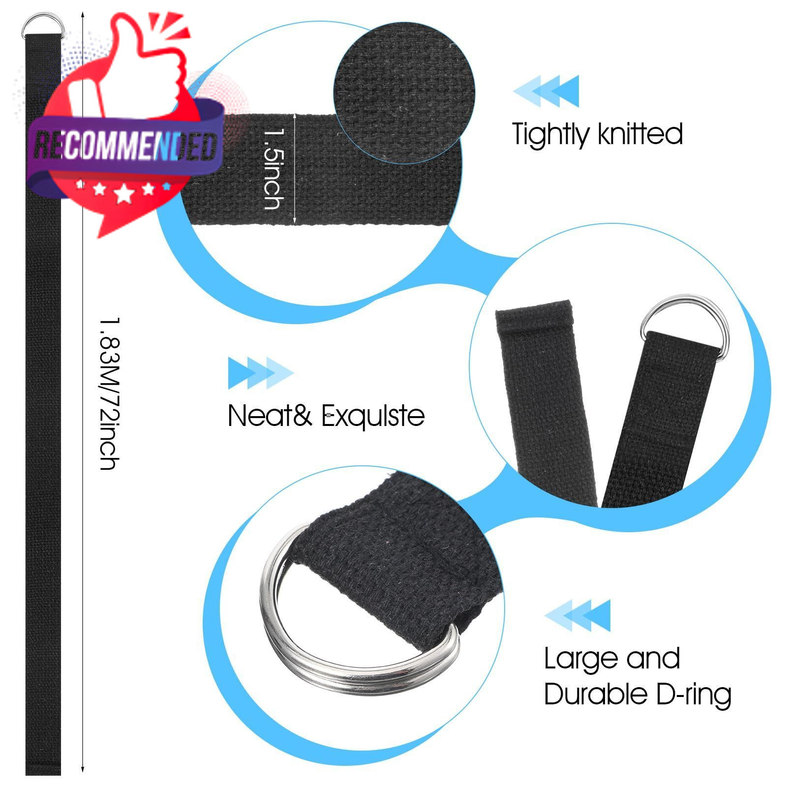 ADJUSTABLE COTTON YOGA STRAPS BLACK · 16 PACK BULK SET · 6 FT LENGTH
