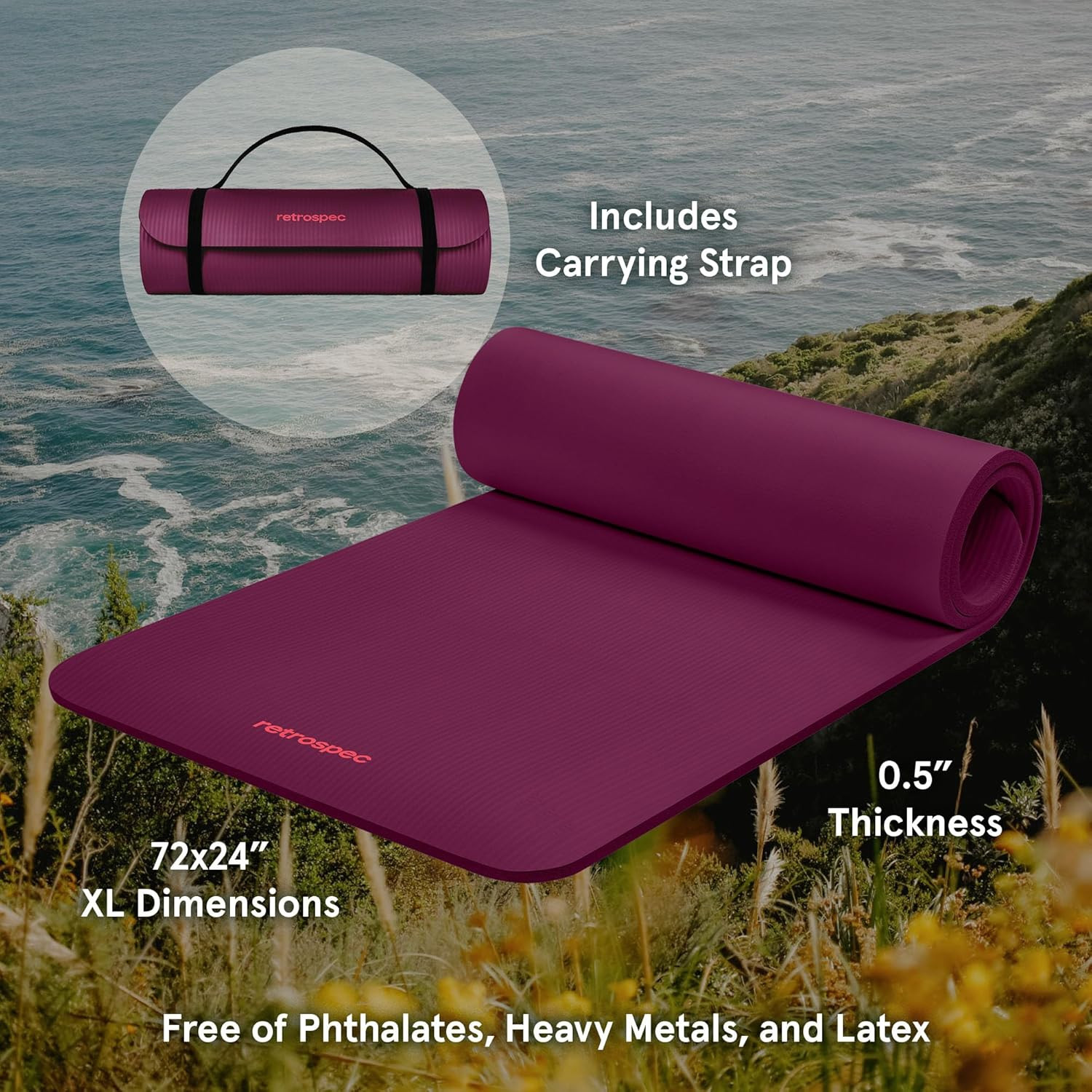 Solana Yoga Mat Thick 1/2In Non-Slip Workout Mat with Nylon Strap – 72X24In Exer