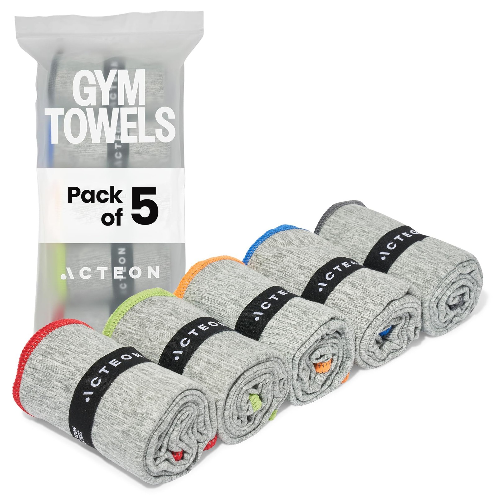 Acteon Microfiber Gym Towels 5 Pack Quick Dry Silver Ion Odor-Free Sweat Towel