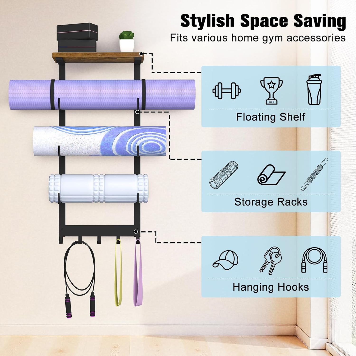 Yoga Mat Holder Wall Mount, Yoga Mats Storage Rack, Home Gym Wall Organizer Hold