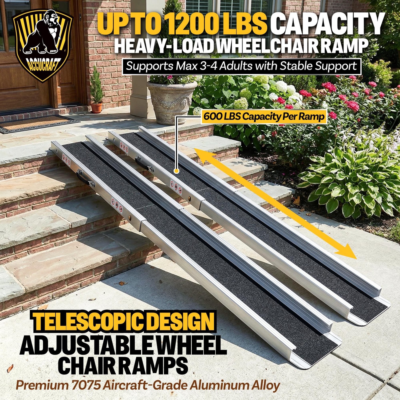 7FT Adjustable Portable Wheelchair Ramp 2.0, 1200 LBS Capacity Ramps for Whee…