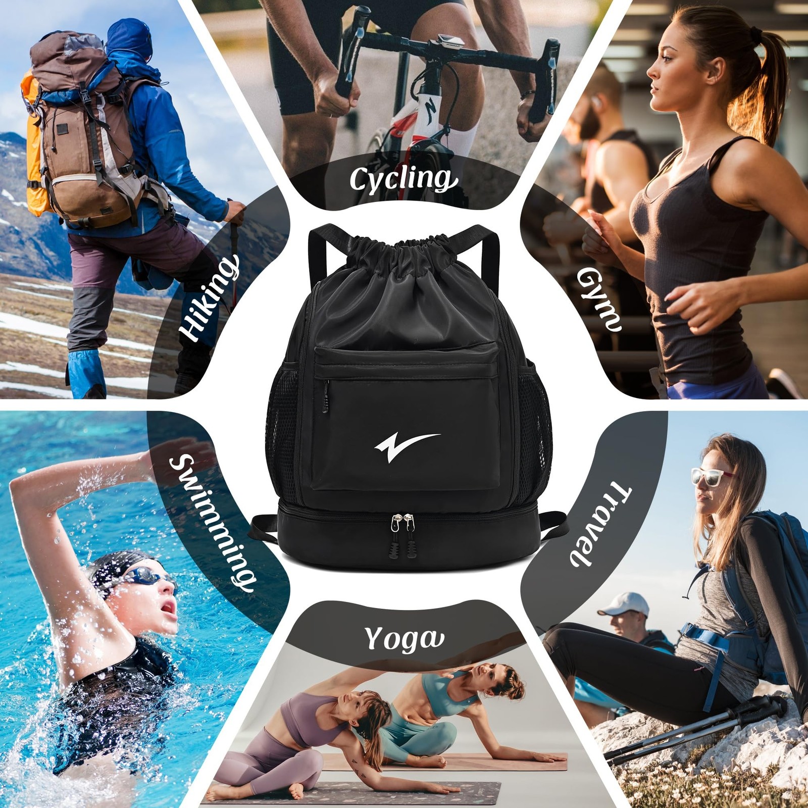 Sport Drawstring Backpack, Gym Bag with Mesh Side Pockets and Separate Shoe C…