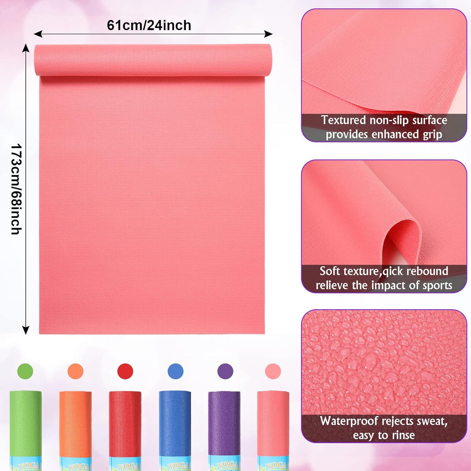 24 Pcs Non-Slip Colorful Yoga Mats for Fitness, Pilates & Workouts