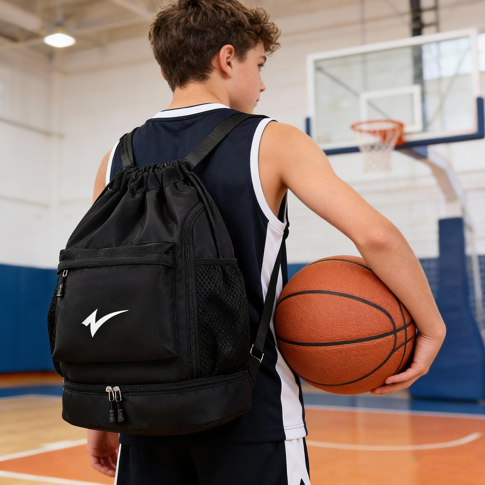 Sport Drawstring Backpack, Gym Bag with Mesh Side Pockets and Separate Shoe C…