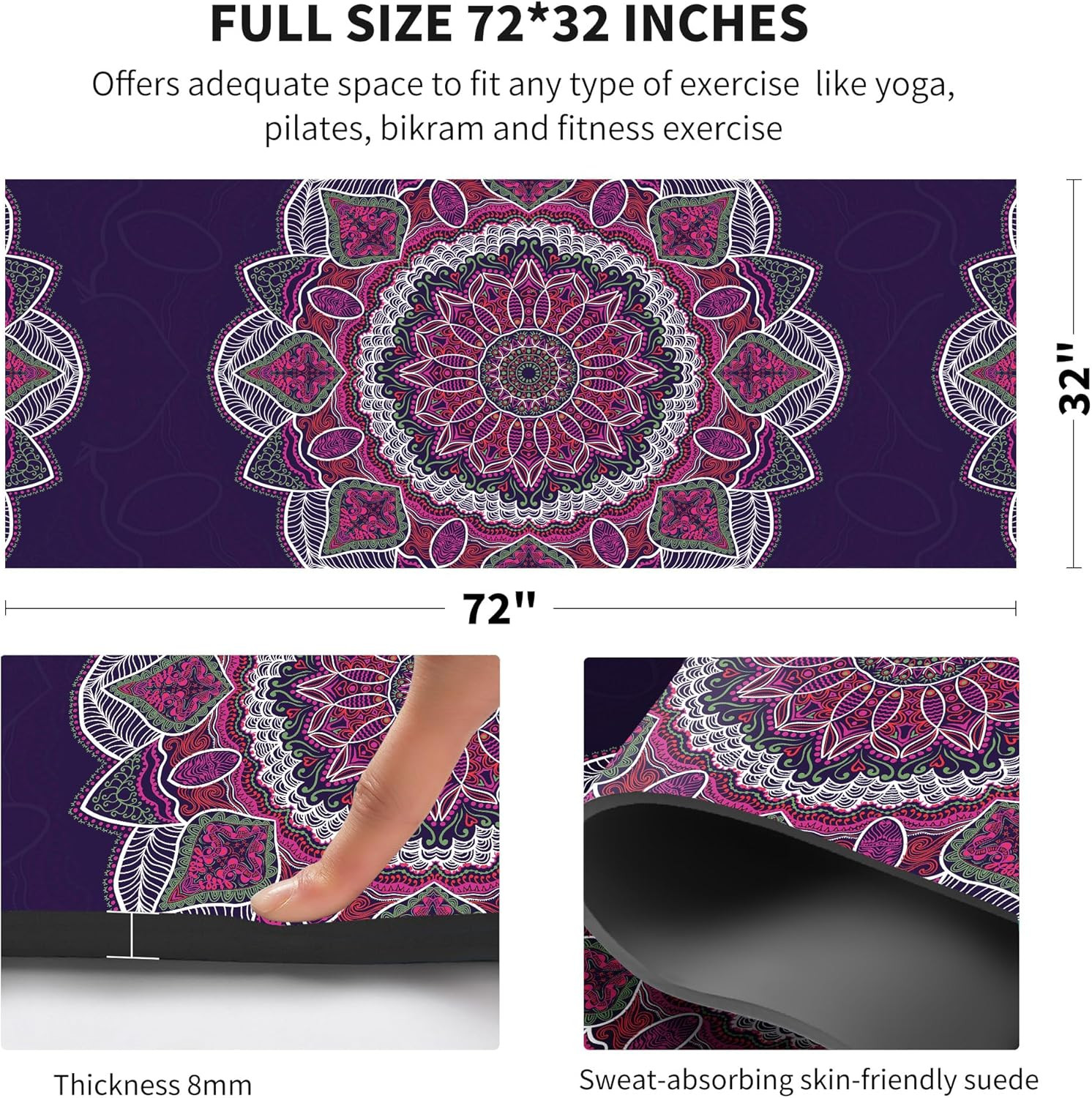 Suede TPE Yoga Mat High Density Non Slip Yoga Mats with Carrying Bag,72&Prime;X32&Prime; Ext