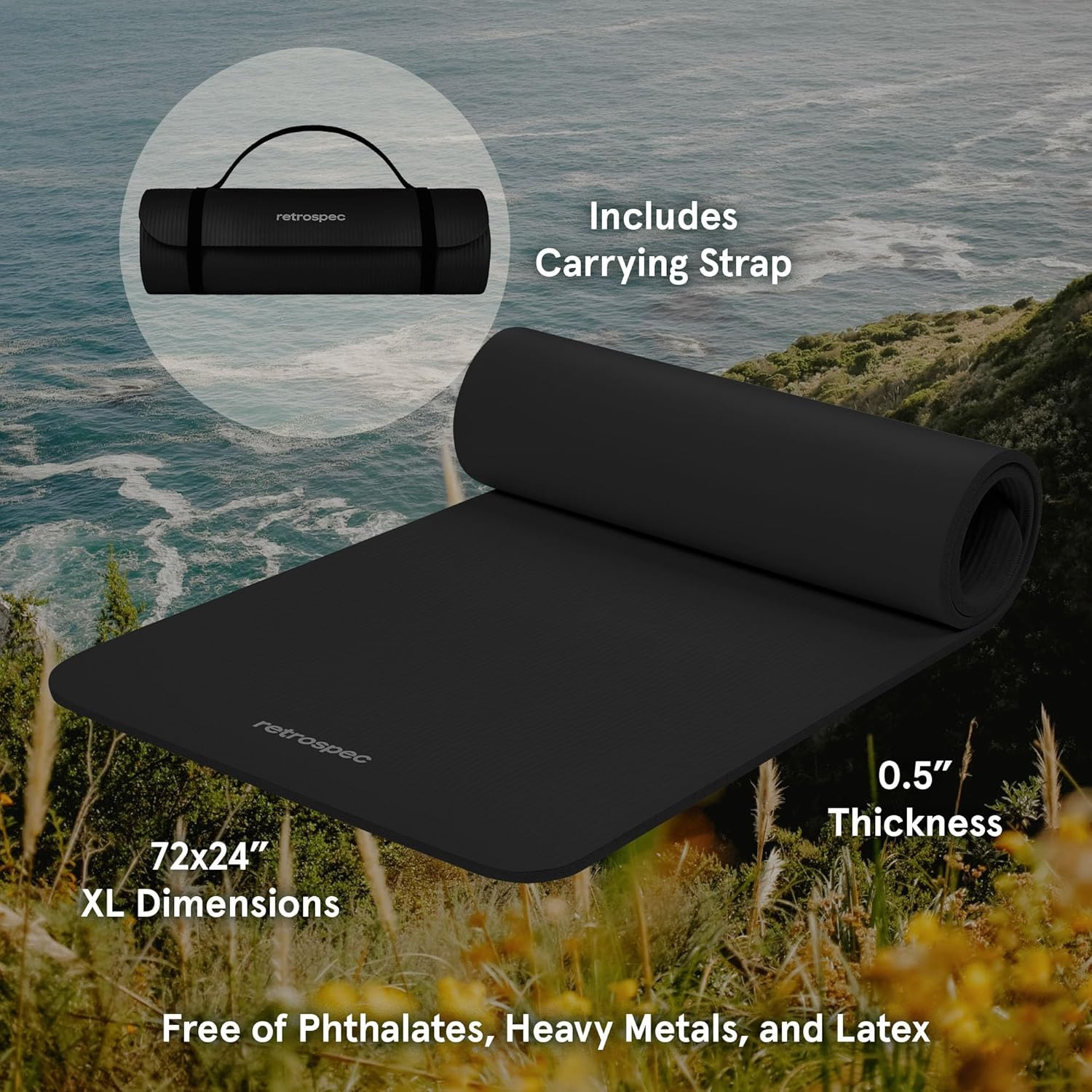 Solana Yoga Mat 1/2&Prime; Thick W/Nylon Strap for Men & Women – Non Slip Exercise Mat