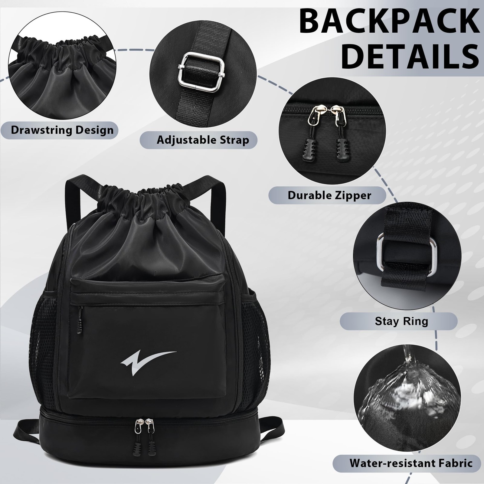 Sport Drawstring Backpack, Gym Bag with Mesh Side Pockets and Separate Shoe C…