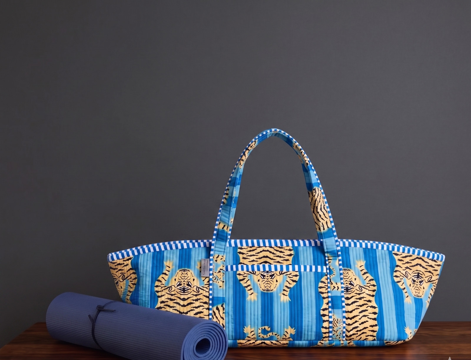 Blue Quilted Tiger Print Yoga Mat Bag: Indian Handmade 100% Cotton Tote Bag US