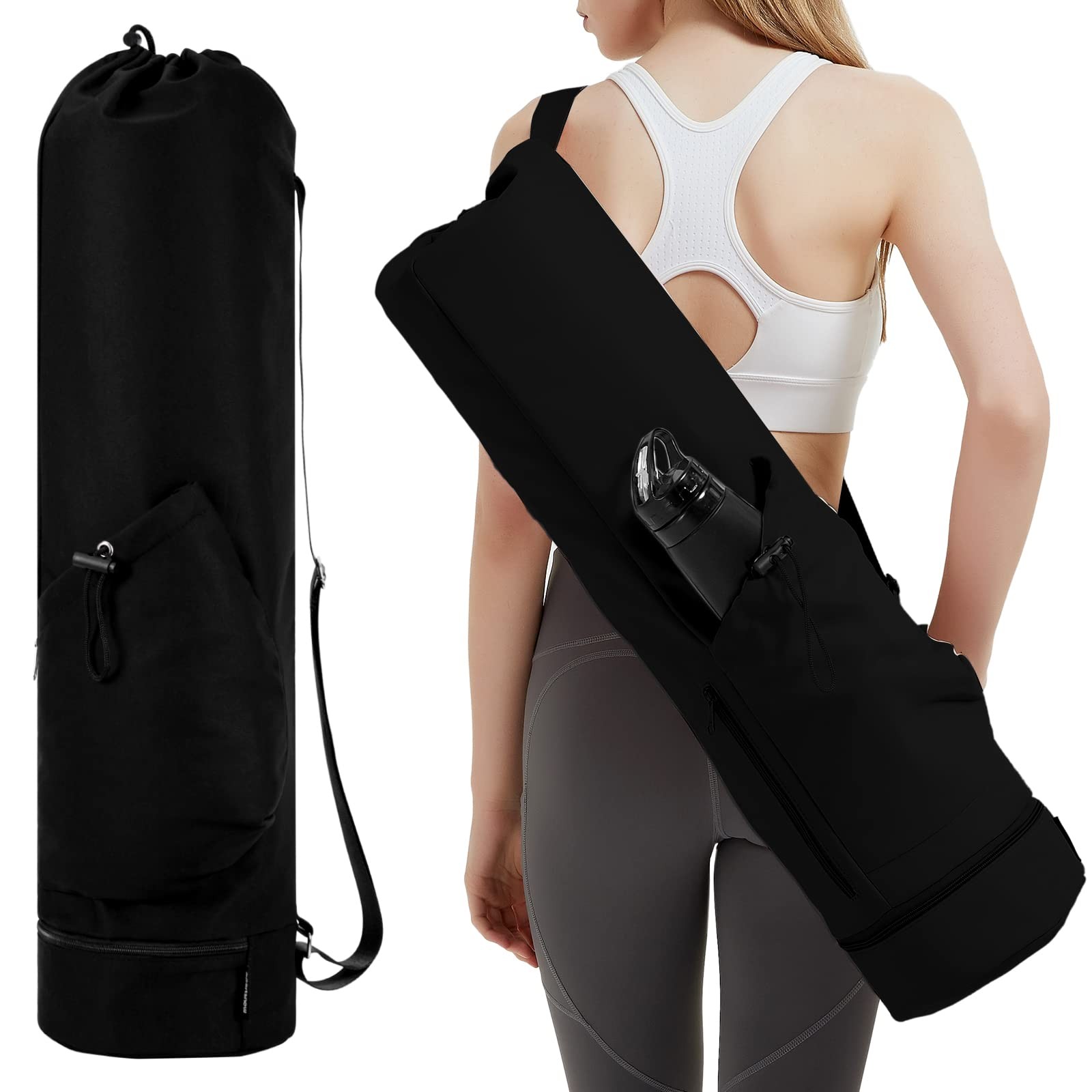 sportsnew Yoga Mat Bag with Water Bottle Pocket and Bottom Wet Medium, Black
