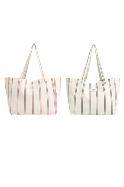 Large Striped Or Patterned Canvas Tote Bag for Women Men Shoulder 2 Stripes
