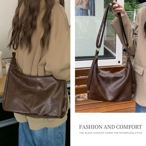 Vegan Leather Hobo Bags for Women Soft Slouchy Shoulder Handbag Dark Brown