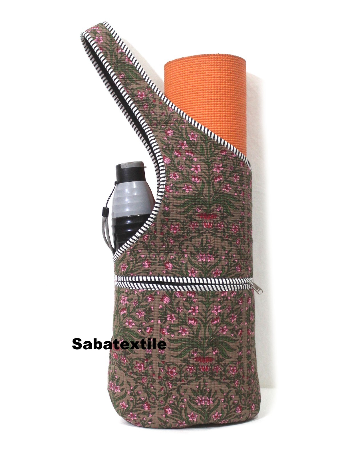 Indian Purple Floral Jhola Tote Bag, Quilted Yoga Mat Bag,Handblock Yoga Mat Bag