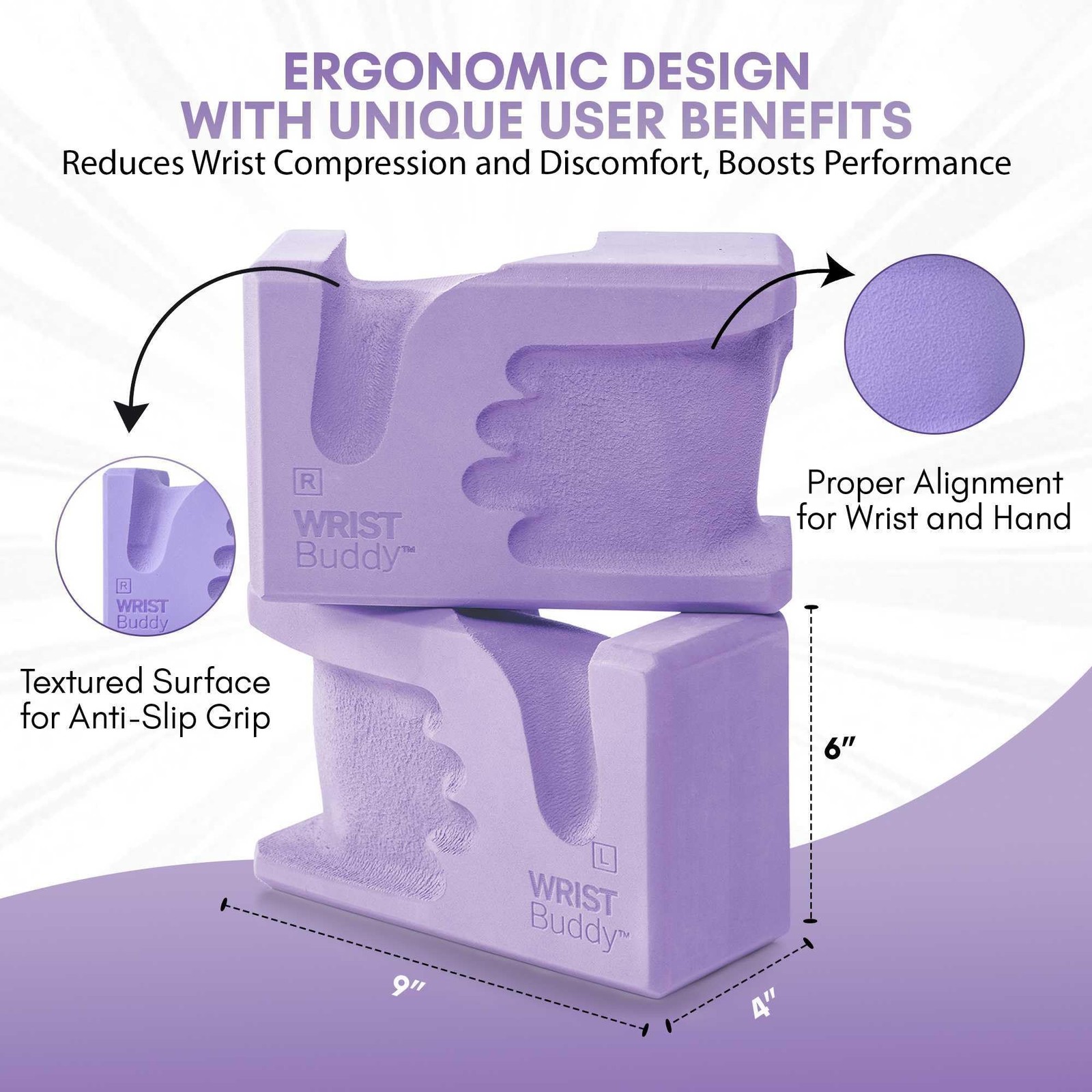 WRISTBuddy® Yoga Blocks 2-Pack (Left + Right) — Ergonomic, 9x6x4 IN, Lavender