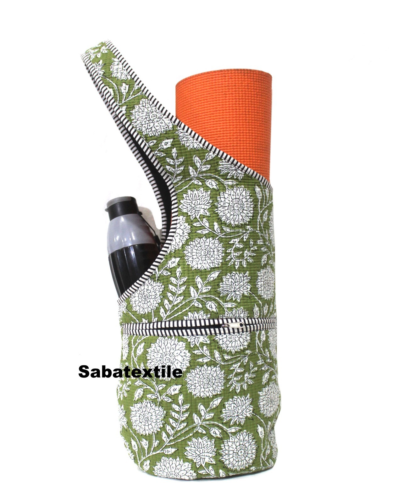 Indian Green Floral Jhola Tote Bag, Quilted Yoga Mat Bag,Handblock Yoga Mat Bag