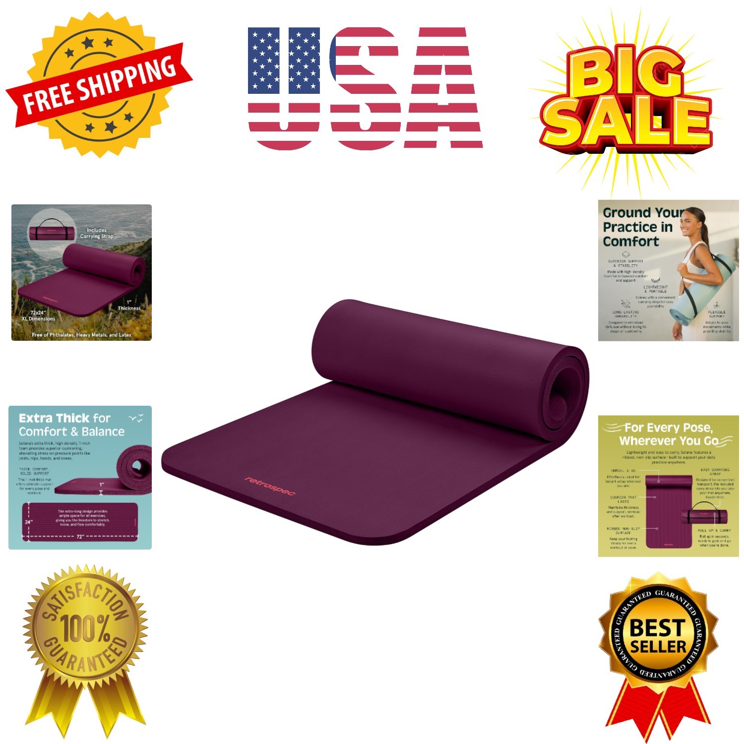 Solana Yoga Mat 1&Prime; Thick w/Nylon Strap for Men & Women – Non Slip Exercise Ma…