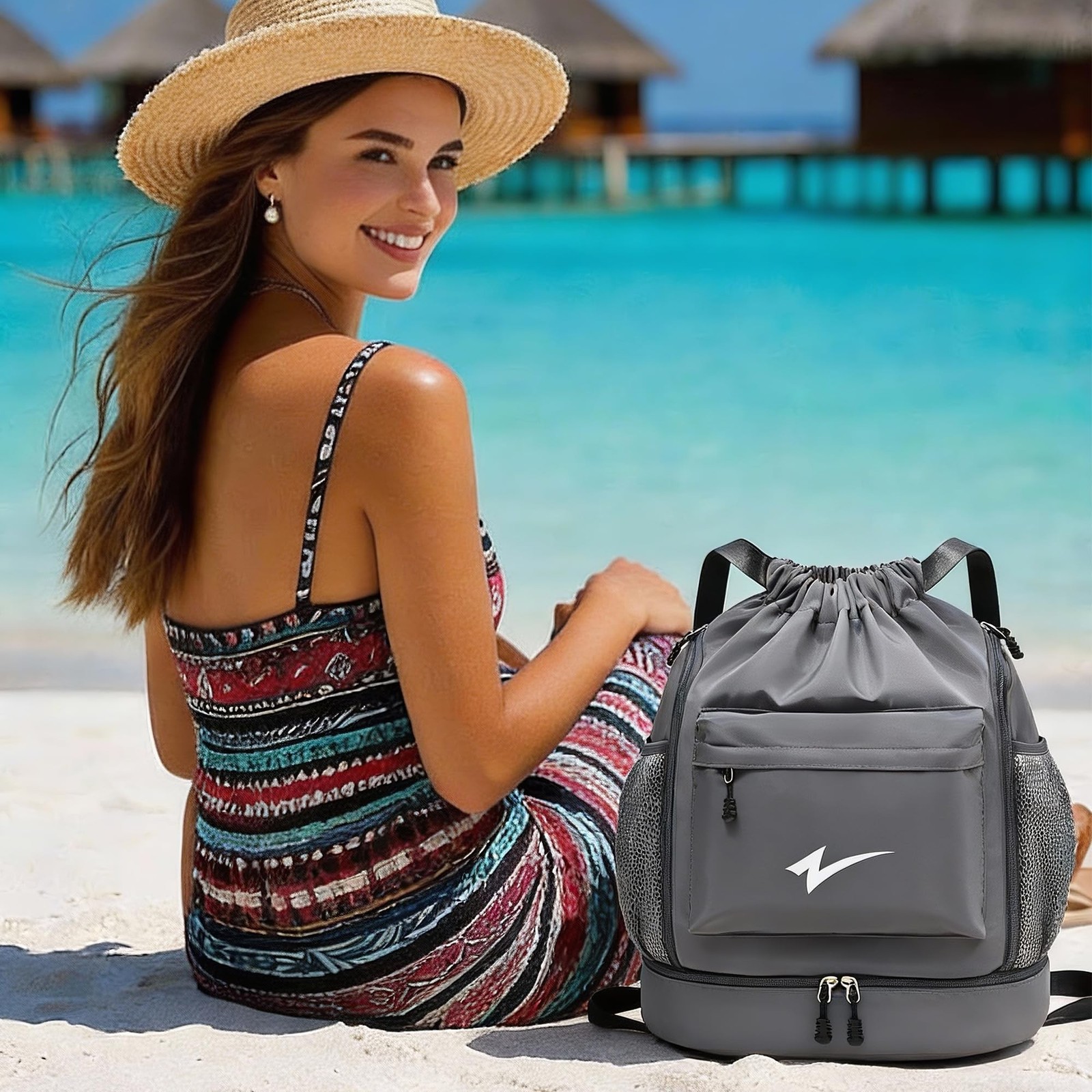 Sport Drawstring Backpack, Gym Bag with Mesh Side Pockets and Separate Shoe C…
