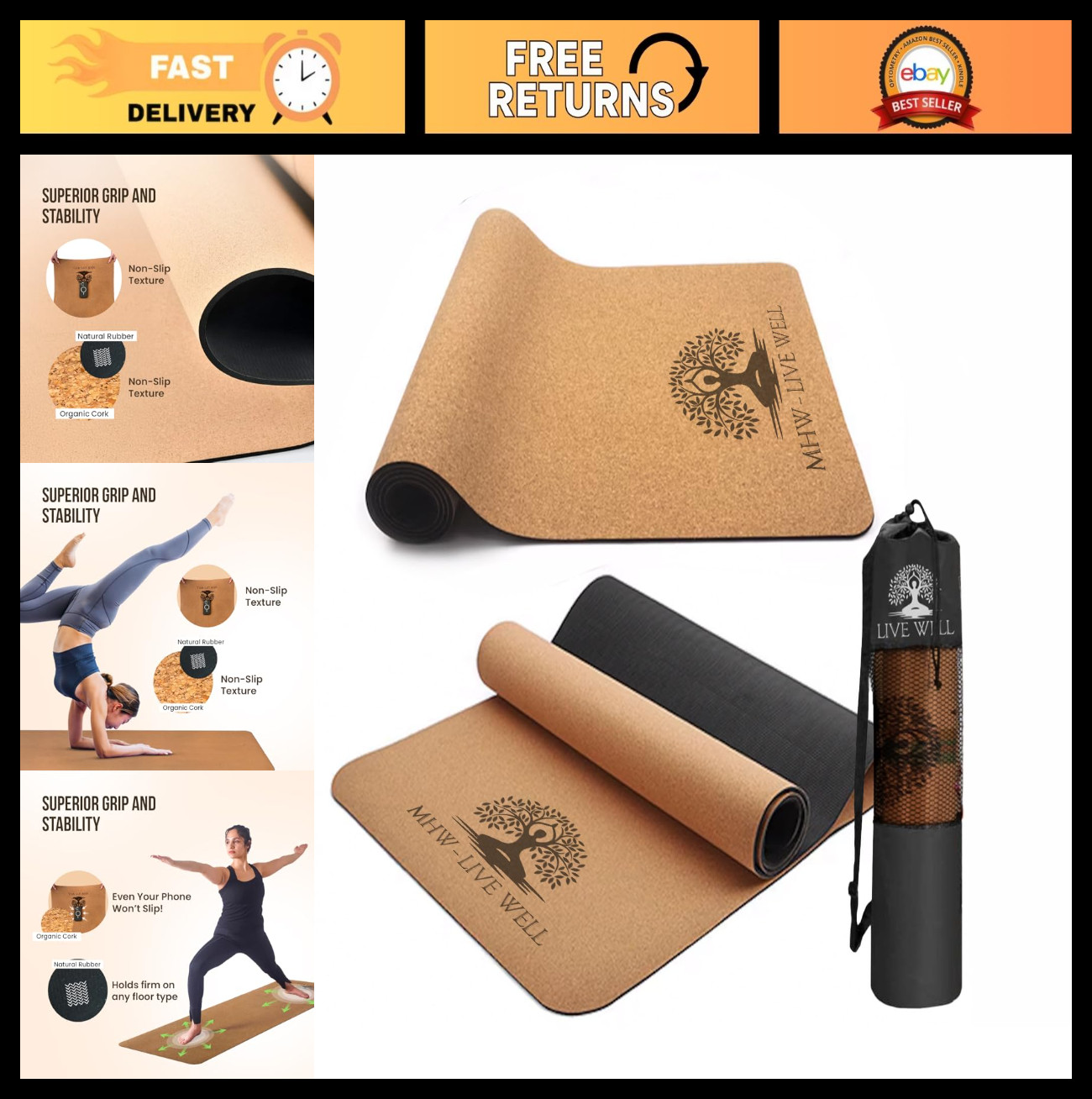 Eco-Friendly Natural Cork Yoga Mat 6mm Thick, Non-Slip Rubber, 72&Prime;x24&Prime; for Hot Y