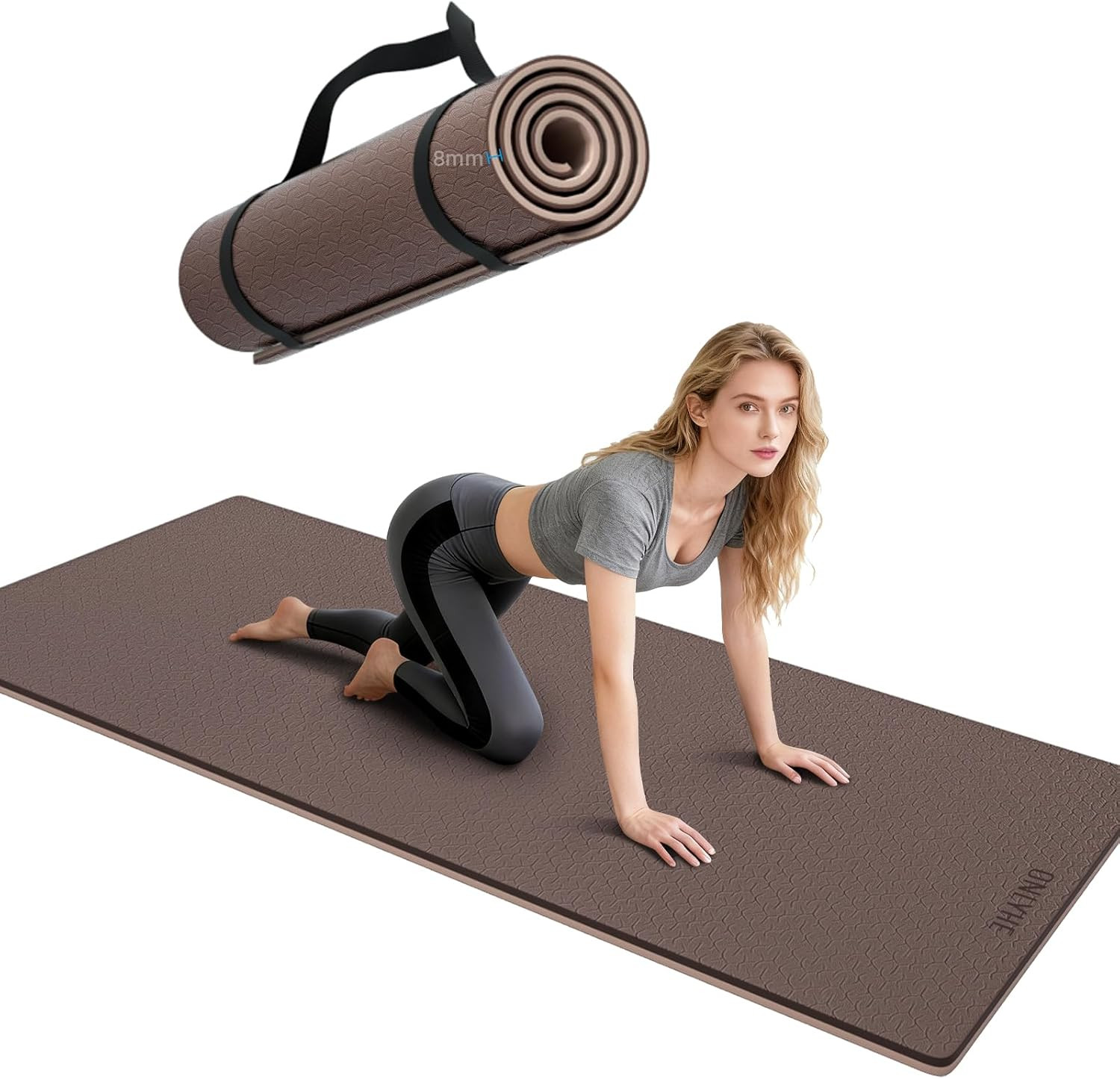 Thick 8mm Non-Slip Yoga Mat for Home Workouts with Carrier Strap, Light Coffee